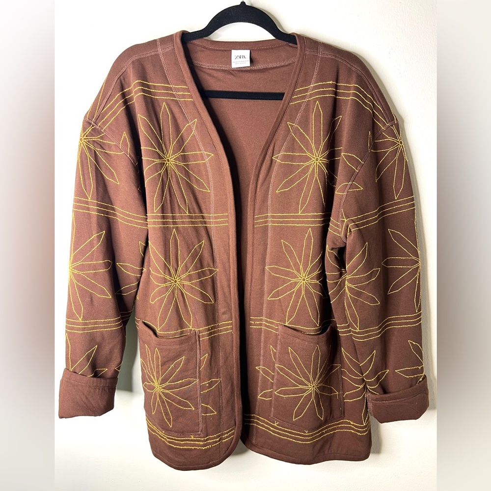 Zara Brown Quilter Jacket Embroidered Pockets Cotton SZ XL EUC